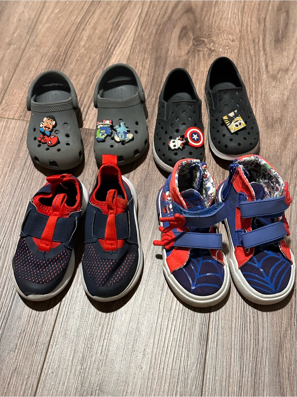 Bundle of Little Boys 8 Navy and Red Athletic Sneakers and Crocs